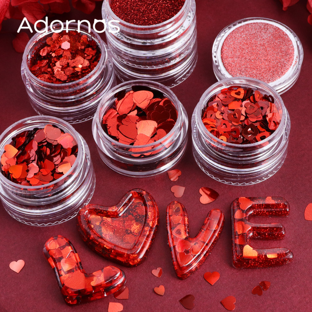 

6 pcs/set Red Chunky Glitter For Epoxy Resin Mold Fillings Mixed Love Heart Paillettes Valentines Day DIY Jewelry Crafts Fillers