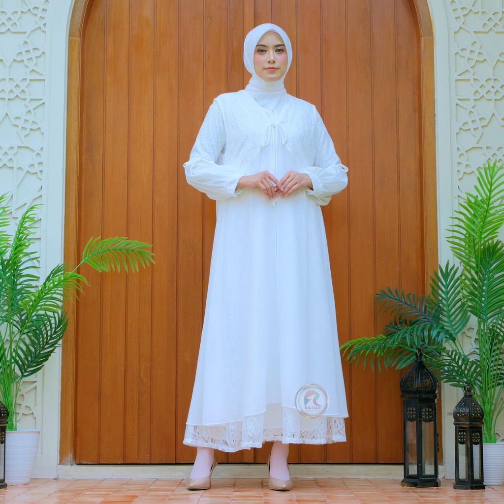 Raisma Gamis Putih Tulang Lebaran Cantik Dan Elegan kombinasi brokat dan ceruti Layla