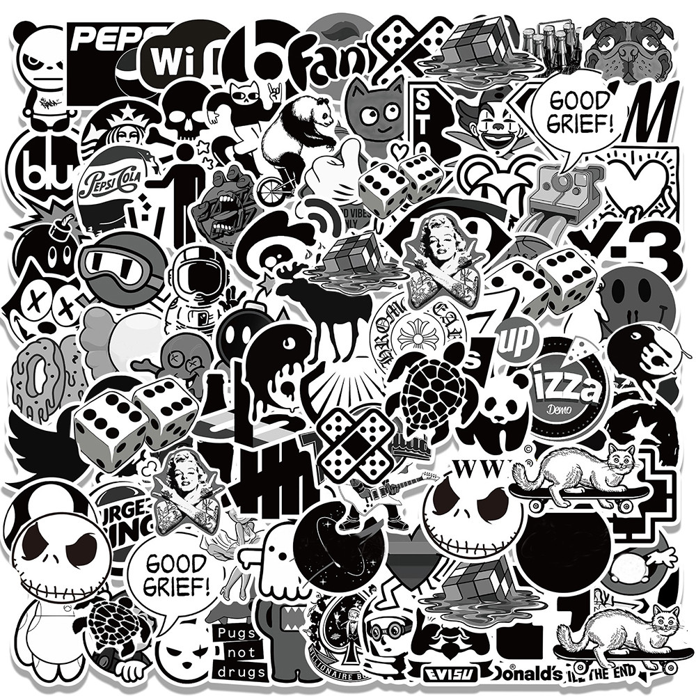 

10/30/50/100pcs Black White Fashion Stickers for Notebook Suitcase Car Fridge Aesthetic Cool Cartoon Decals Kid Graffiti Sticker