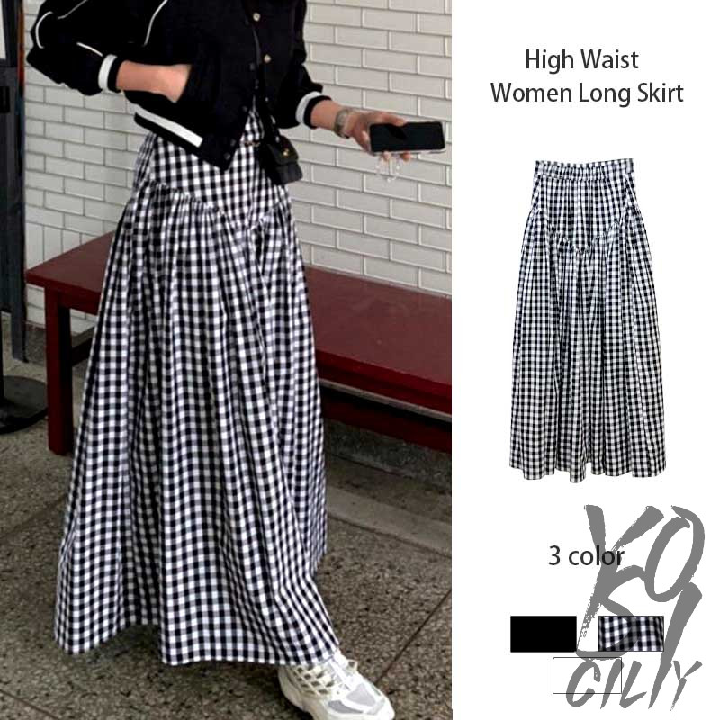 Desain Rok Kotak-kotak Hitam Putih Sense Rok Wanita Pinggang Tinggi Rok Panjang YO