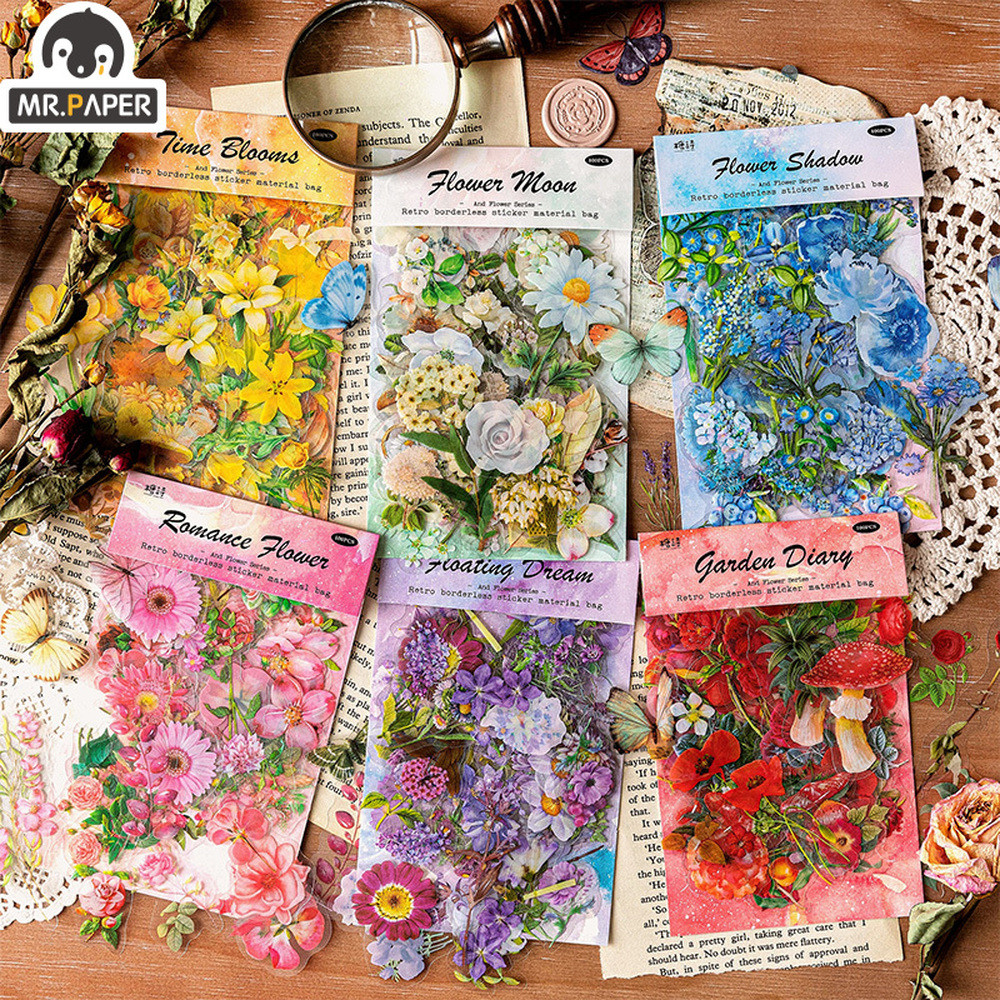 

Mr.paper 6 Styles 100Pcs/Bag Vintage Botanical Stickers Aesthetic Flowers Hand Account Material Decorative Stationery Sticker