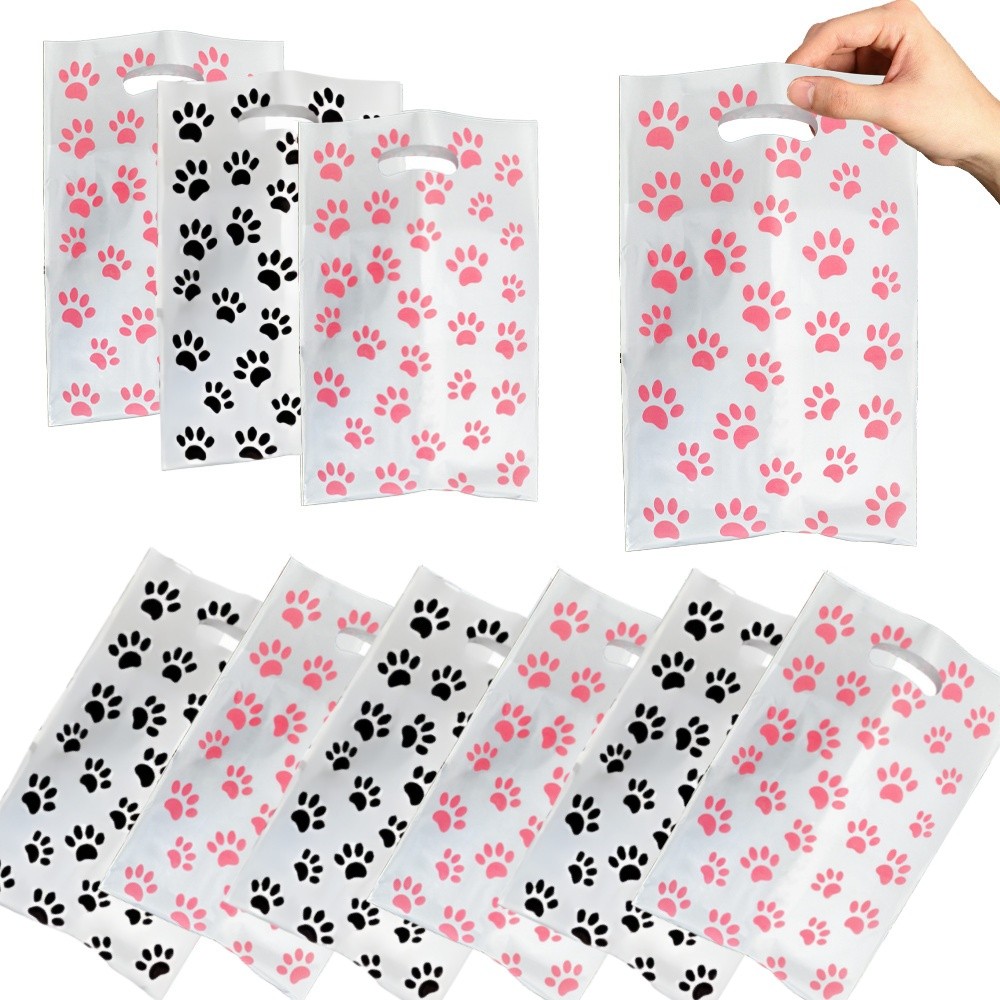 

30/20/10pcs Pink Paw Gift Bag Birthday Decoration Black Footprints Dog Cat Handle Goody Bags Biscuit Wrapper Kids Party Supplies