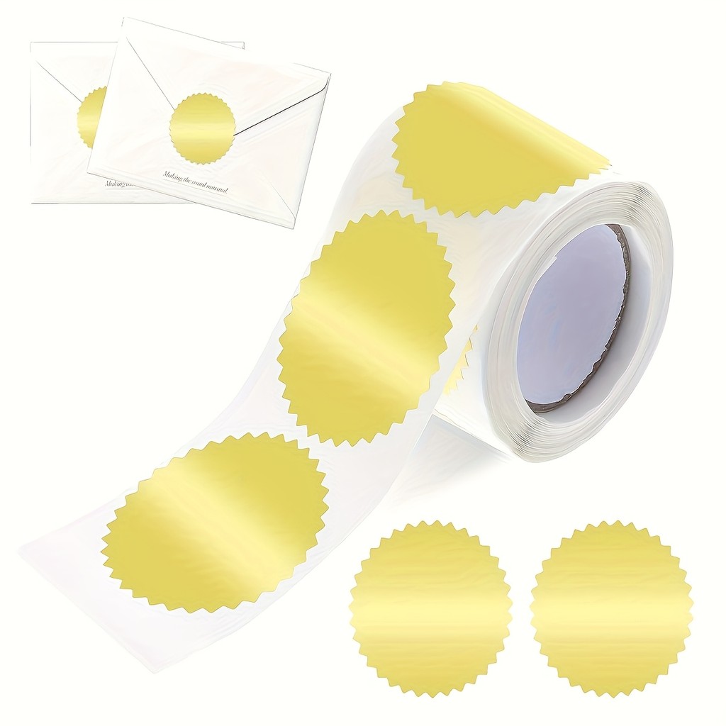 

250/500pc Golden Foil Seal Stickers, 2-Inch Round Labels with Serrated Edge, Durable Self-Adhesive Metal Seals