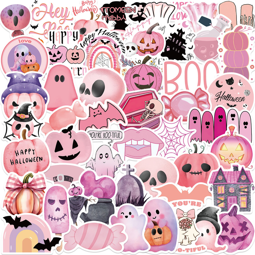 

50PCS Kawaii Pink Halloween Ghost Skull Pumpkin Stickers Notebook Guitar Skateboard Waterproof Cute Decorative Sticker Toy