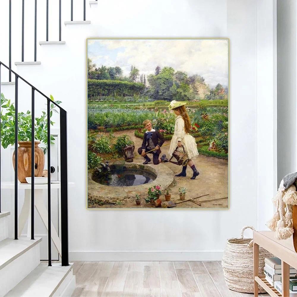 

Marie Francois Firmin Girard " Children near the pool " Canvas Oil Painting Aesthetics Artwork Backdrop Picture Home Decoration