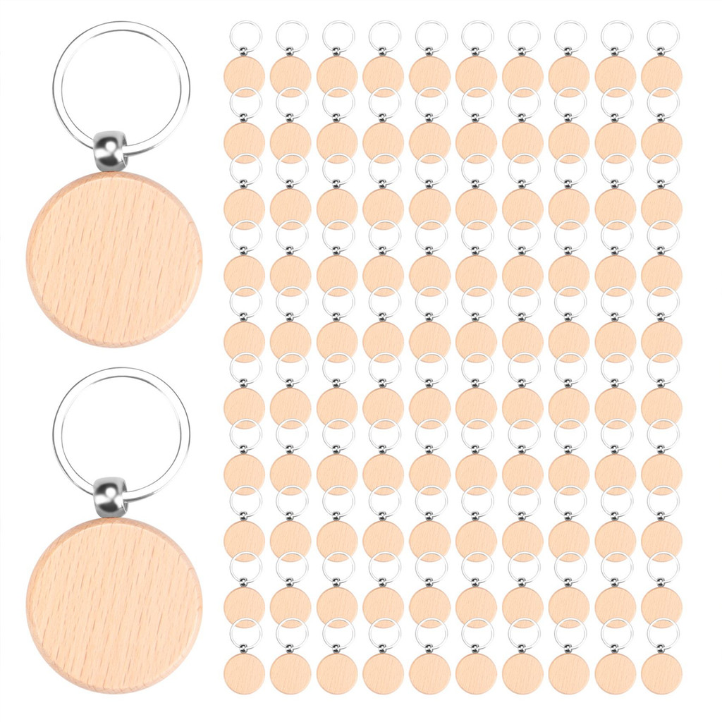 

100Pieces Wooden Keychain Blanks Bulk Round Wood Engraving Blanks Unfinished Wooden Key Ring Key Tag B