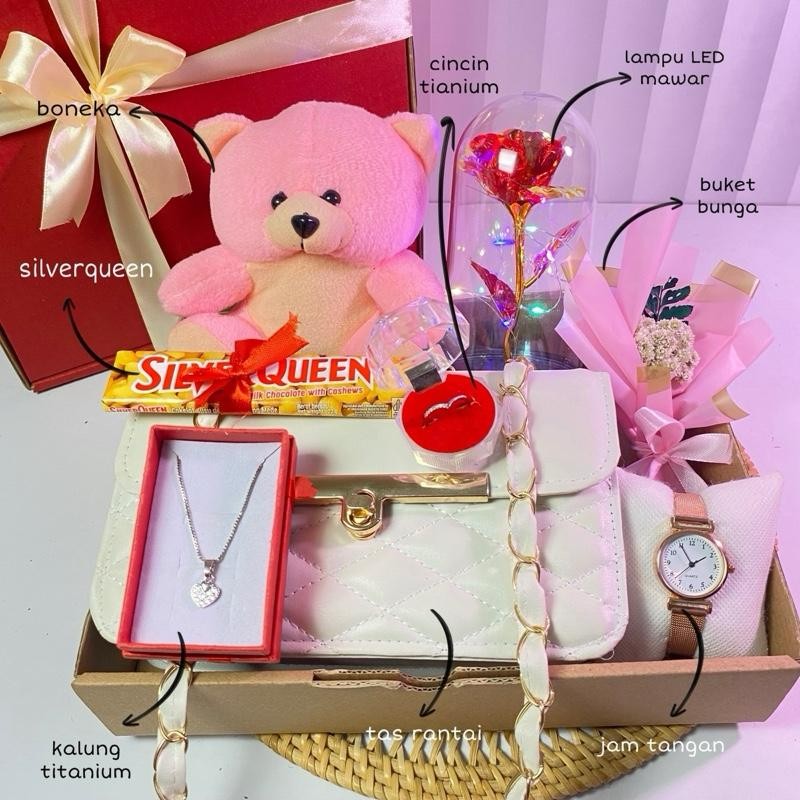 

(PAKET TGP MAWAR) GIFTBOX HAMPERS HADIAH PESTA ULANG TAHUN ANNIV buket boneka