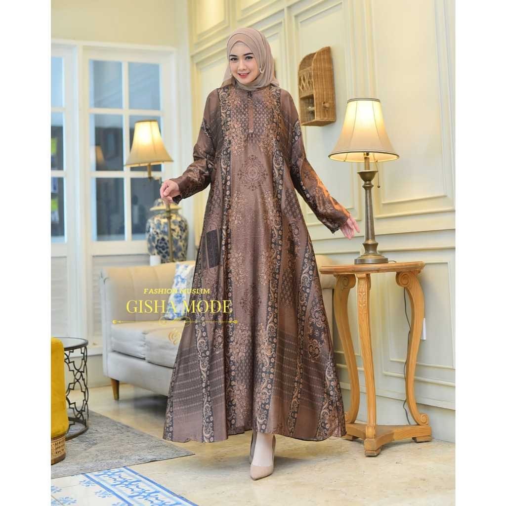 Gisha Collection-MEDINNA Gamis Abaya Bahan Silk Premium |Gamis Motif Jumbo Ld 130 cm Warna Navy,Crea