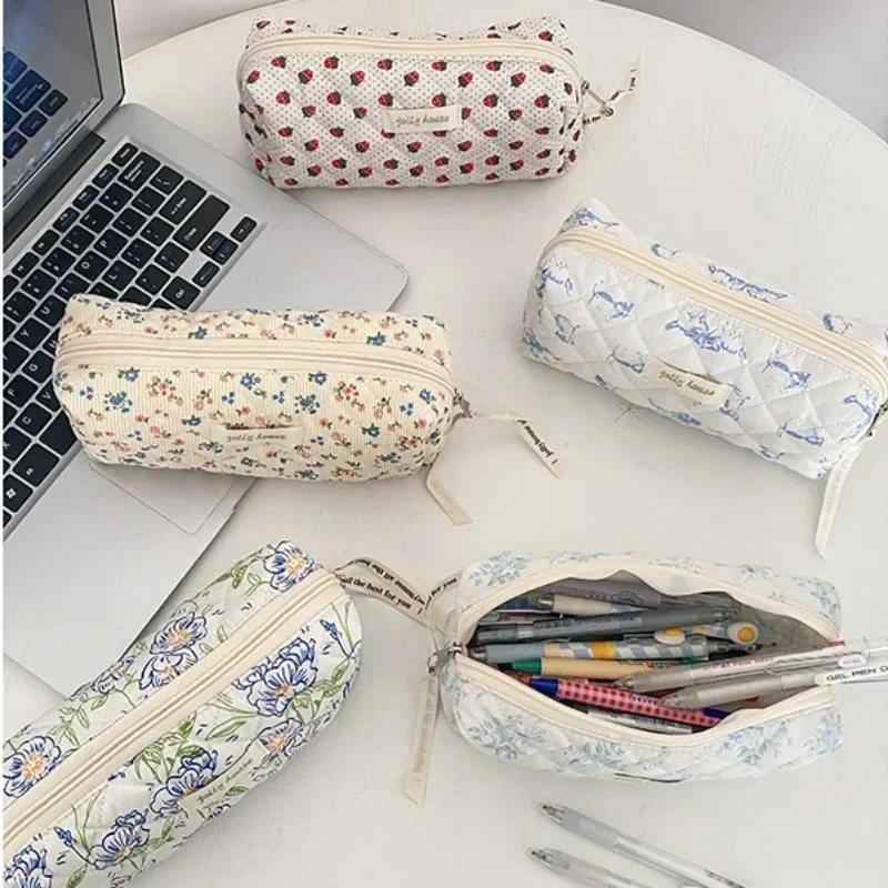 

Kawaii Pencil Case Simplicity Korean Style Floral Pencil Pouch for Girl Soft Cotton High Capacity School Stationery Storage Bag