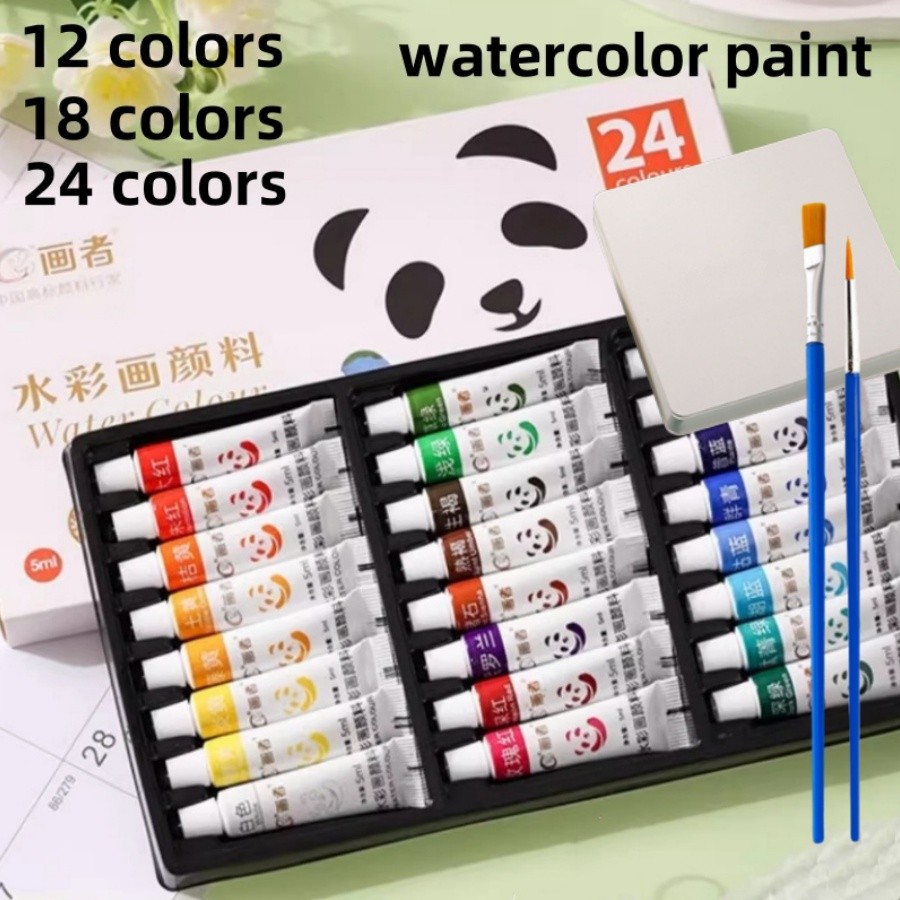 

Watercolor 12/18/24 Color +10 sheets of watercolor paper +2 brushes, 5ml/0.17oz, rich in color, easy to mix, suitable for artist