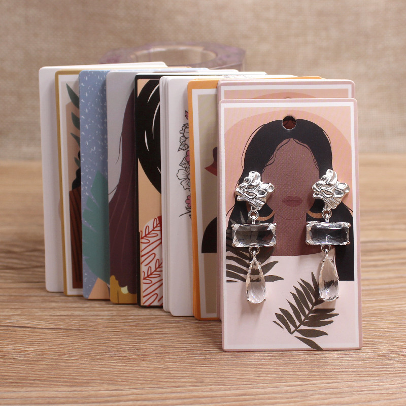 

50Pcs 5x9cm White Paper print Girl Pattern earring card Glasses /Brown Face Girl people Jewelry Display Packaging Cards Tags