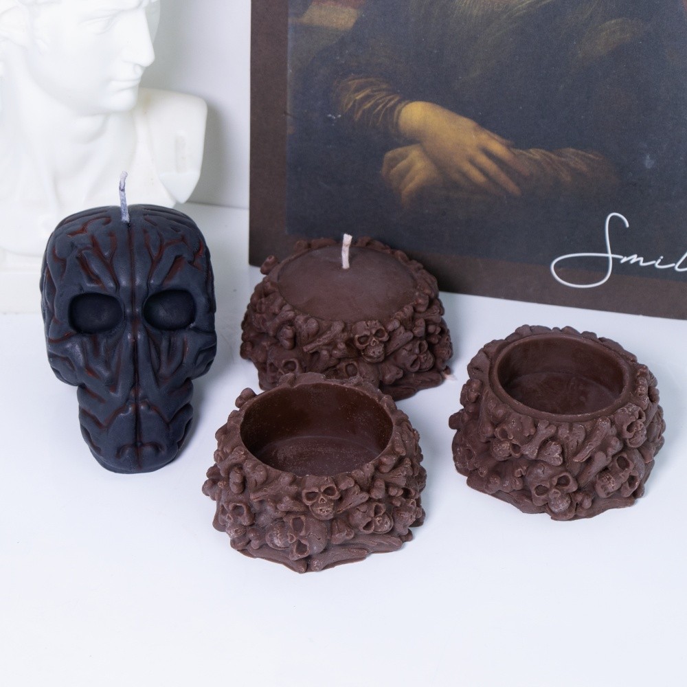 

3D Skull Candle Holder Silicone Mold Set DIY Gothic Skull Resin Candle Soap Plaster Mold for Halloween Home Party Dark Decor