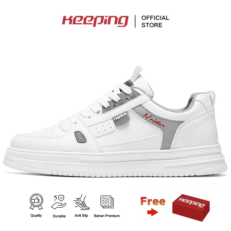 Keeping Sepatu Pria Putih Casual Sepatu Sneakers Cowok Outdoor Kulit Sepatu Jogging Kuliah KSR137