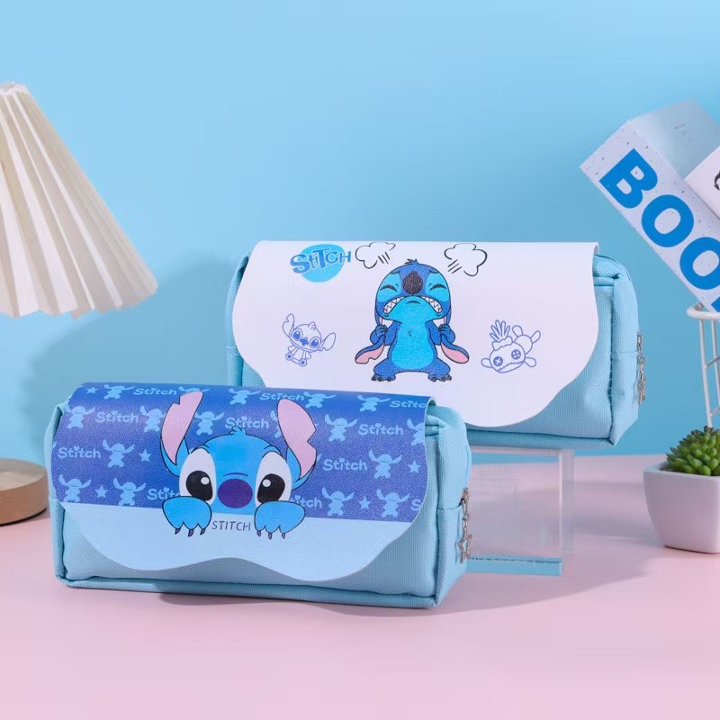 

Disney Stitch Large-capacity Transparent Double-layer Makeup Bag Student Hand-held Stationery Box Cartoon Storage Pencil Case
