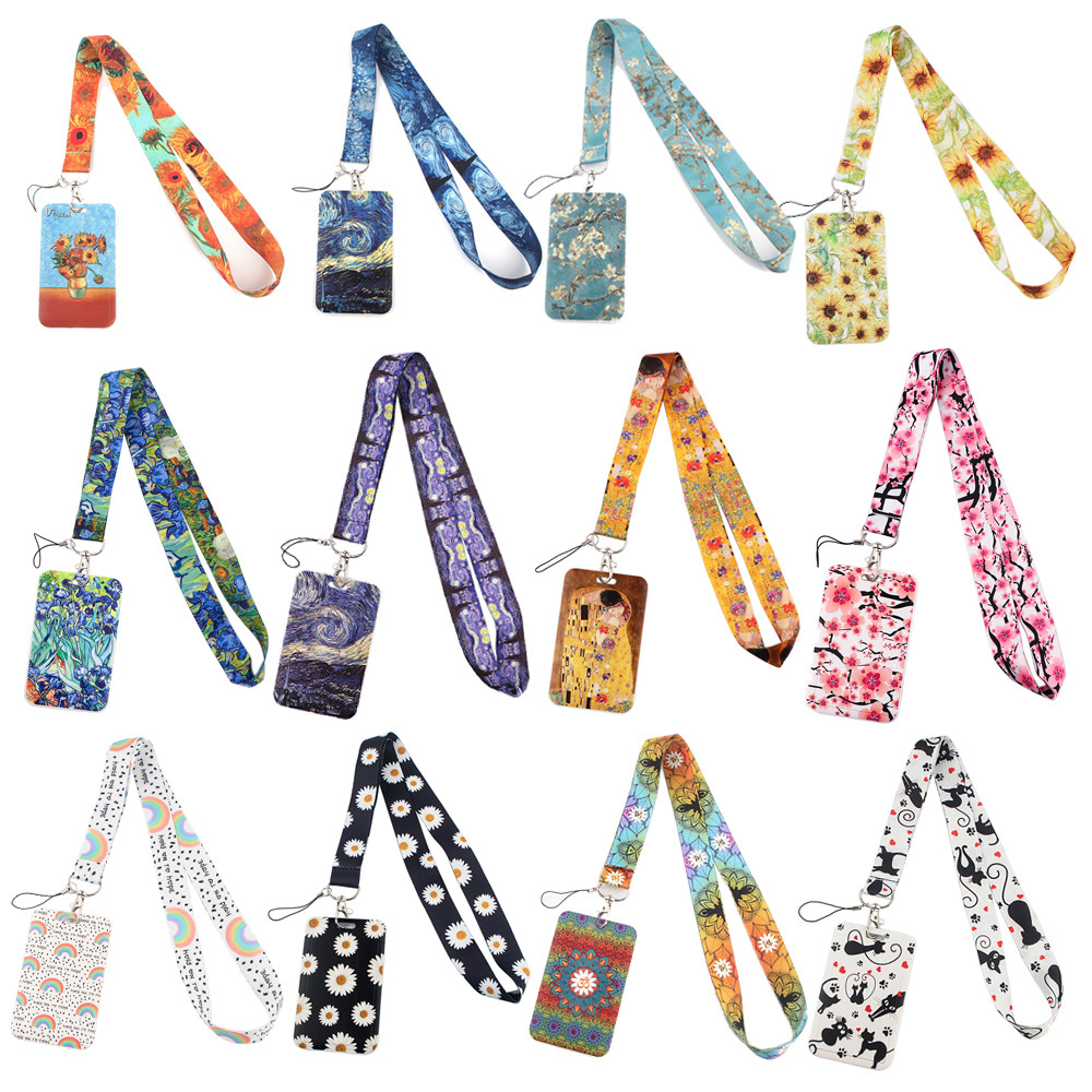 

DZ1330 Wholesale Van Gogh Sunflower lanyard card ID Holder Car Keyain ID Card Pass Gym Mobile Badge Key Ring Holder Jewelry