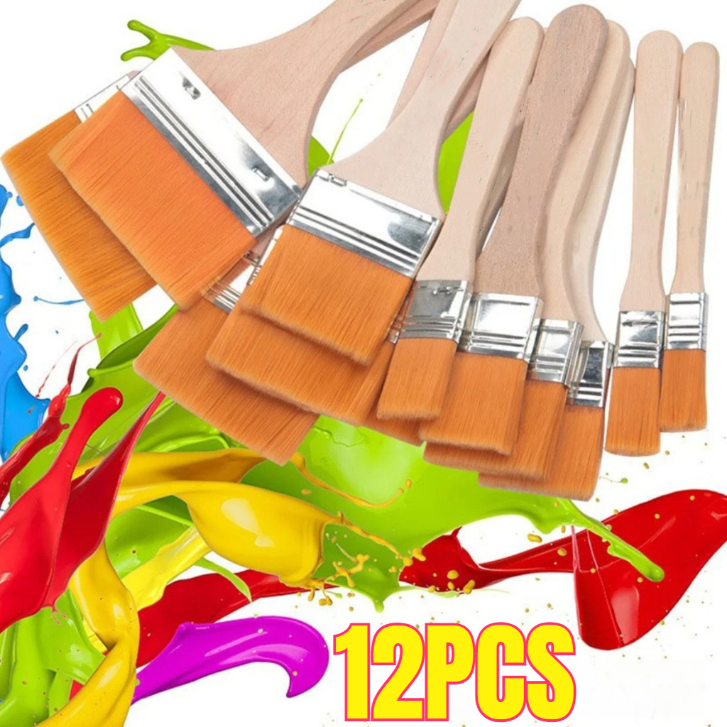 

12pcs/Set Kuas Lukis Lebar Gagang Kayu Kuas Bulu Nylon Kuas Lukis Bali Artist Flat Painting Brush
