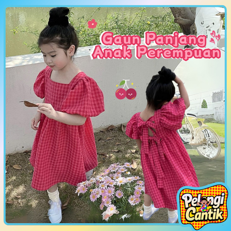 Uisa 1 - 8 Tahun Dress Princess Anak Perempuan Pola Grid Merah Mawar Lengan Balon Bow Tie Straps Baj