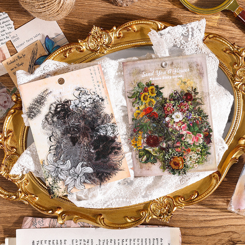 

60pcs Stickers PVC Waterproof Natural Story Journal Vintage Plant Material Paper for Scrapbook Diary Planners