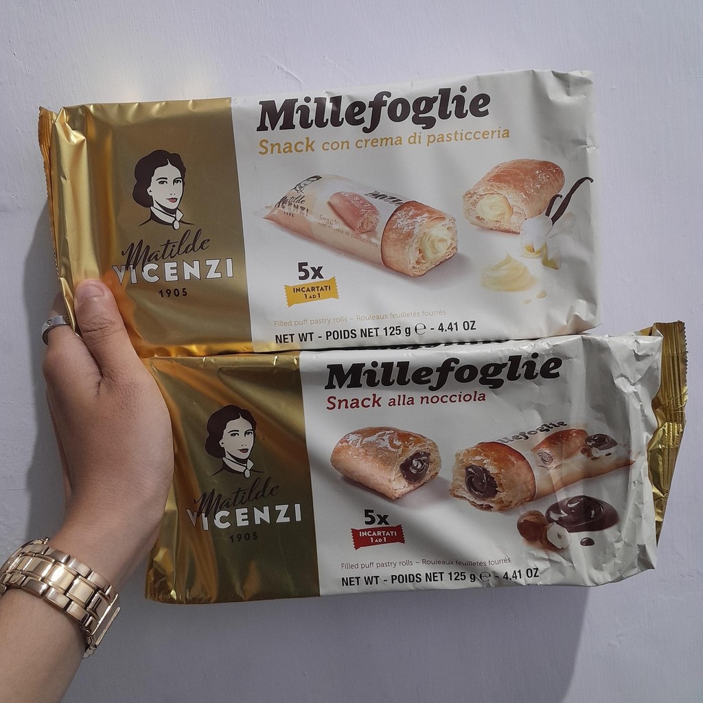 

Vicenzi Matilde Millefoglie Mini Filled Puff Pastry Roll rasa COKLAT / VANILA 125gr