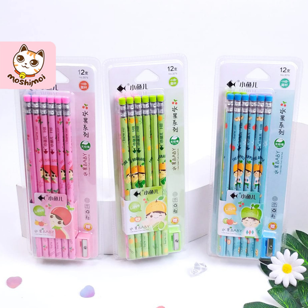 

Pensil Set / Set Alat Tulis Karakter Lucu Mika Fruit + Rautan Isi 12