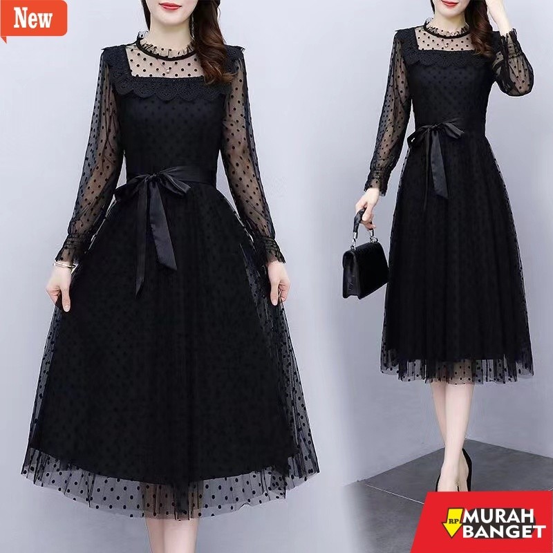 dress wanita kekinian FAN 2024 Gaun hitam renda Korea baru/dress korean style/dress pesta wanita