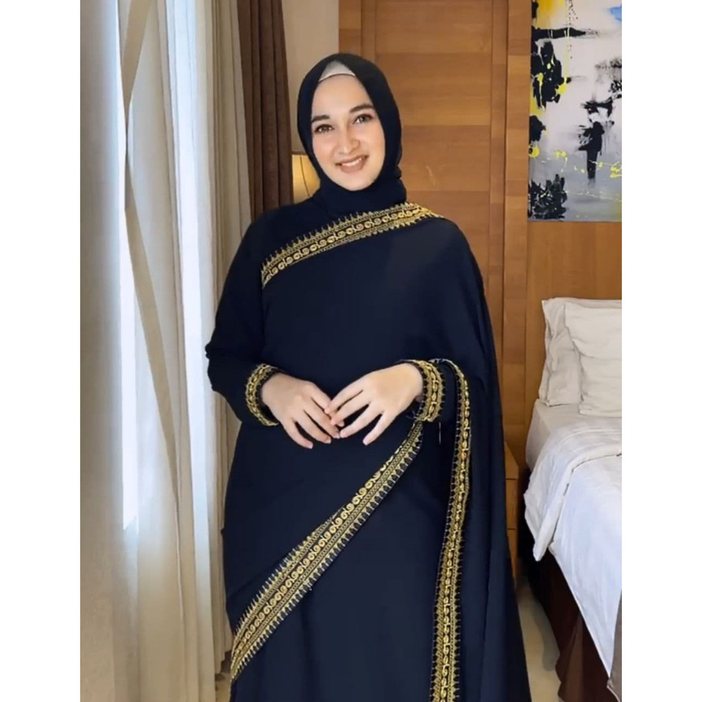 Gamis Sari India Bordir Kombinasi Bahan Ceruty Premium Tanpa Set Kerudung Hitam