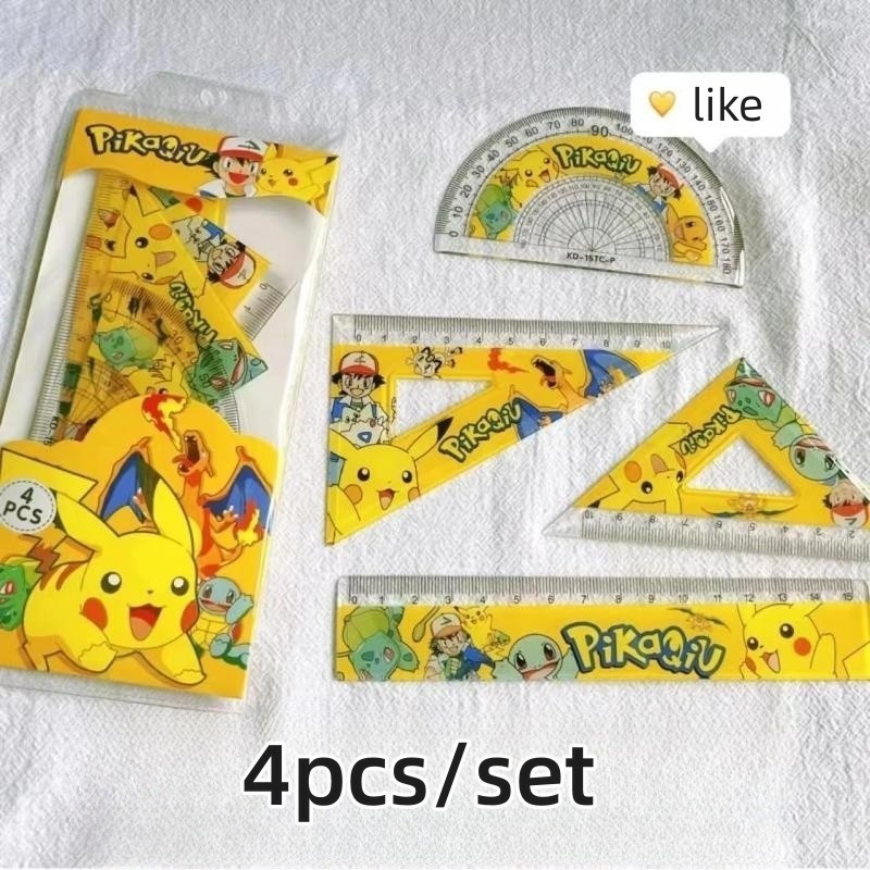

Pokemon Cartoon Peripheral Cartoon Pikachu Ruler Set 4-piece Student Stationery School Supplies Ruler Triangle Ruler Set