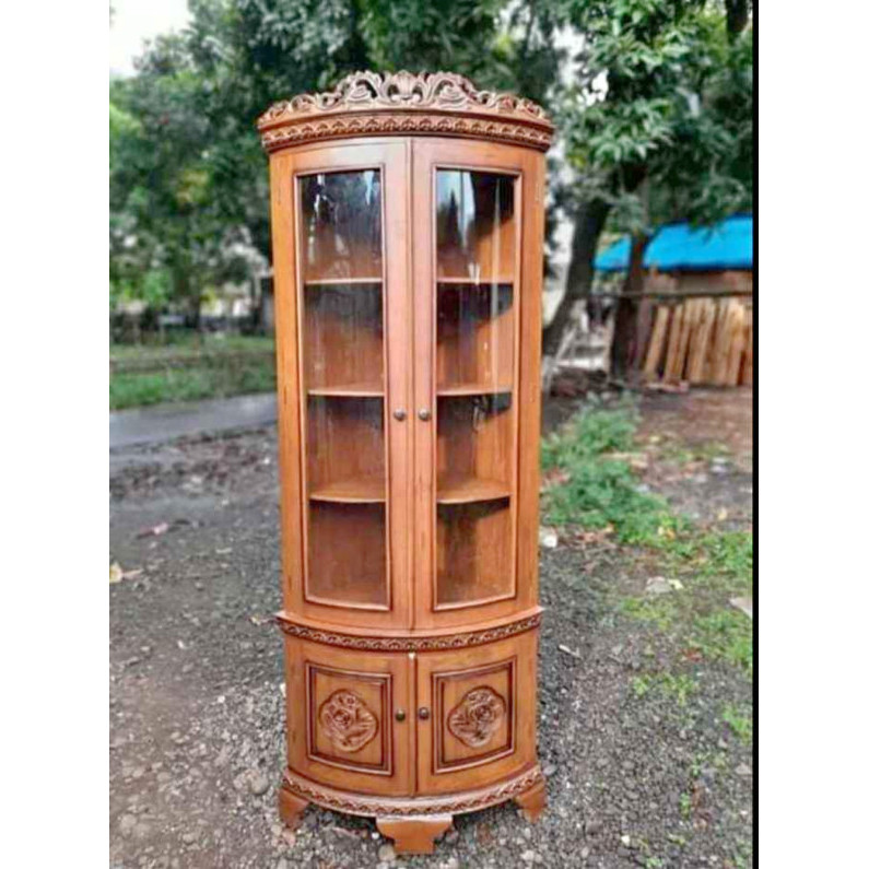 LEMARI RAK HIAS PAJANGAN SUDUT RUANG TAMU KAYU JATI - BELUM WARNA