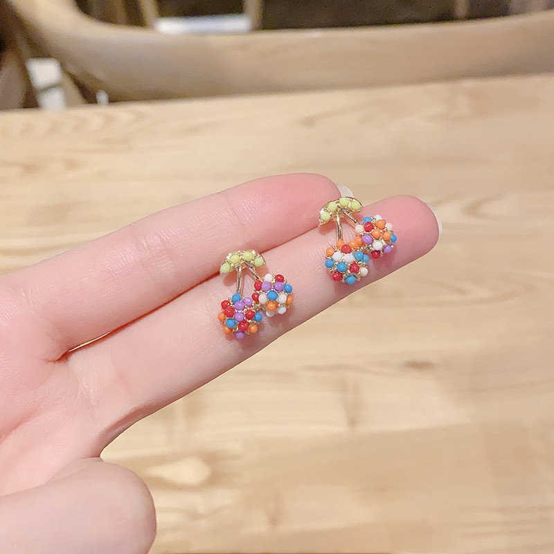 Drops Of Oil Colorful Cherry Heart Drops Butterfly Stud Earrings Women Fashion Simple Outing Pograph