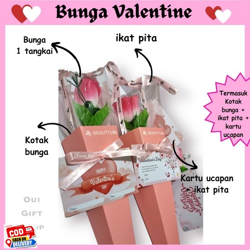 Bunga Valentine / Bunga Mawar 1 Tangkai / Bunga Pink / Flower in Box Pink / Kado Valentine / Hadiah 