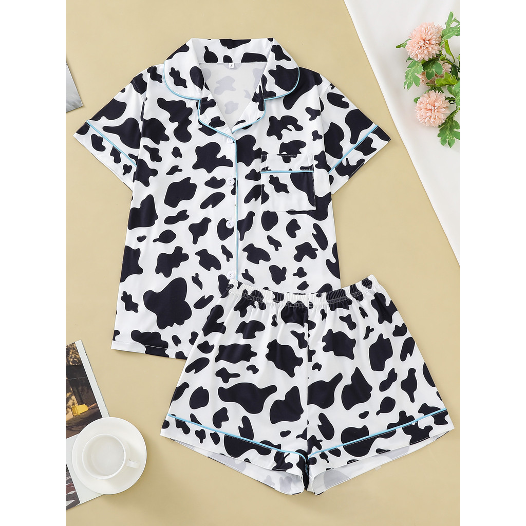 Two-piece set of women's pajamas lapel top and trousers cow pattern summer casual women's pajamas ho