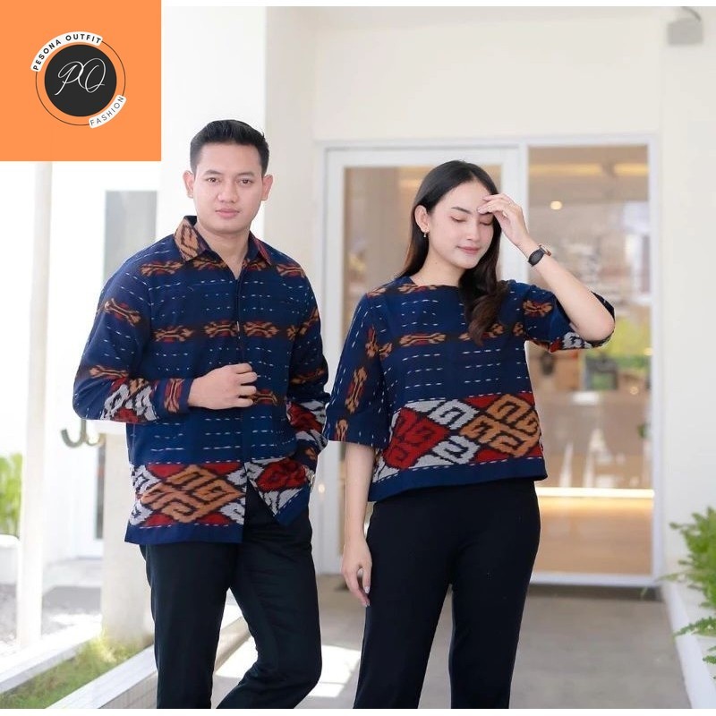 Baju tenun pesta kerja kantor couple set kemeja pria dan baju wanita warna biru tenun jepara toraja 
