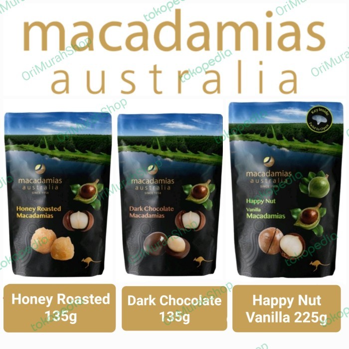 

Macadamias Australia Kacang Macadamia Happy Nut Honey Dark Chocolate - Vanillla