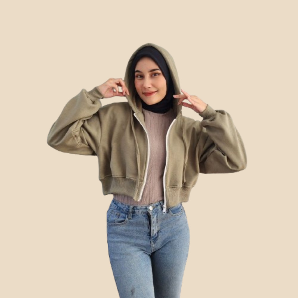 Sweater Hoodie IVE crop resleting korean girl band semi oversize lengan kalong semi balon