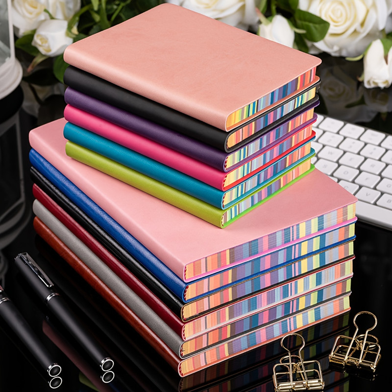 

1pc A6 Soft Leather Cover Rainbow Edge Notebook with 100 Sheets Office School Student Work Meeting Record Book Office Diary