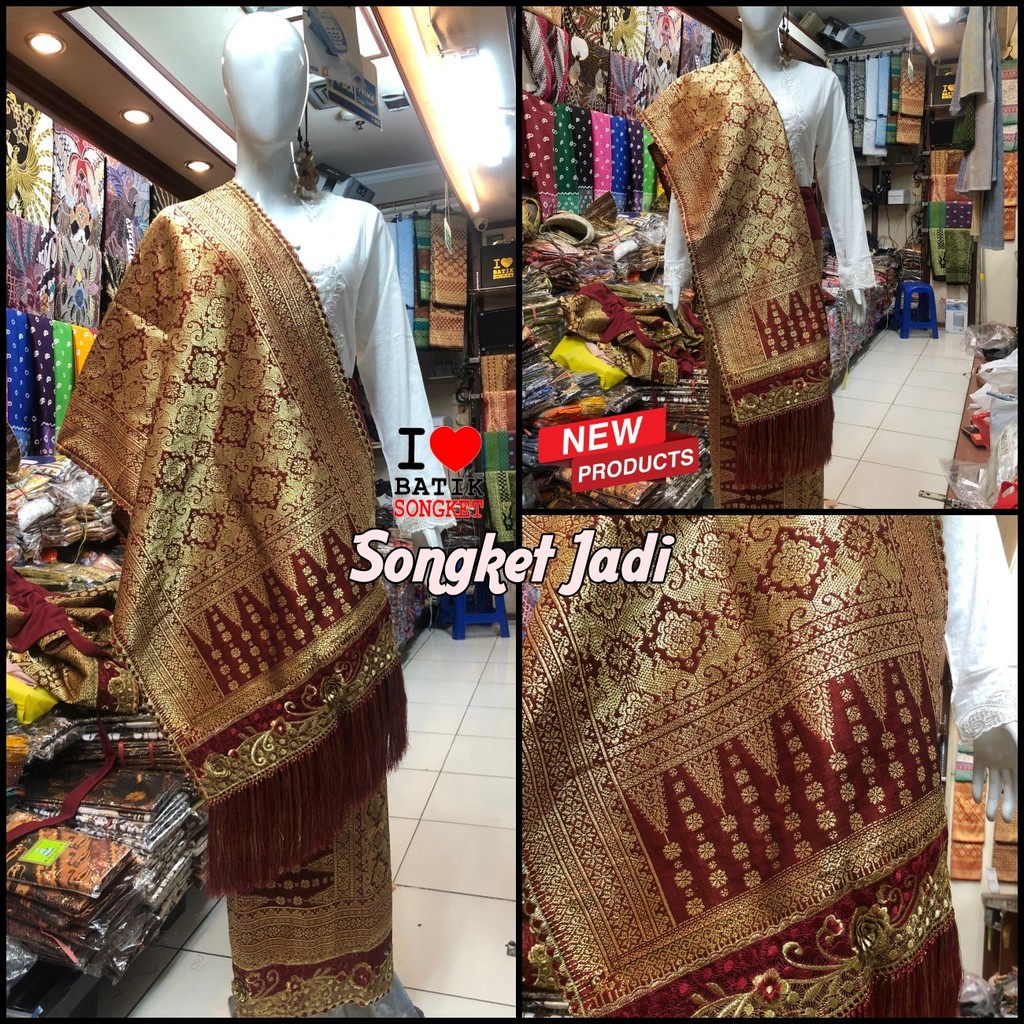 SONGKET JADI BORDIR MOTIF 4 SIAP PAKAI SUTRA PALEMBANG BENANG KRISTAL EMAS PENGANTIN MERAH MARUN PEN
