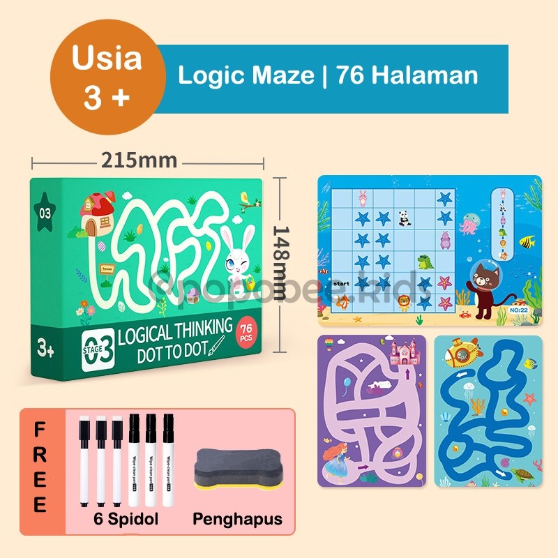 

TAB | Logic Maze [76 halaman] Ukuran A5- Buku Edukasi Busy Book -Quiet Book- Activity Book - Buku Aktivitas Anak - Buku tulis bisa dihapus - Children Early Education Book Pen Control- Montessori Activity - Buku Montessori