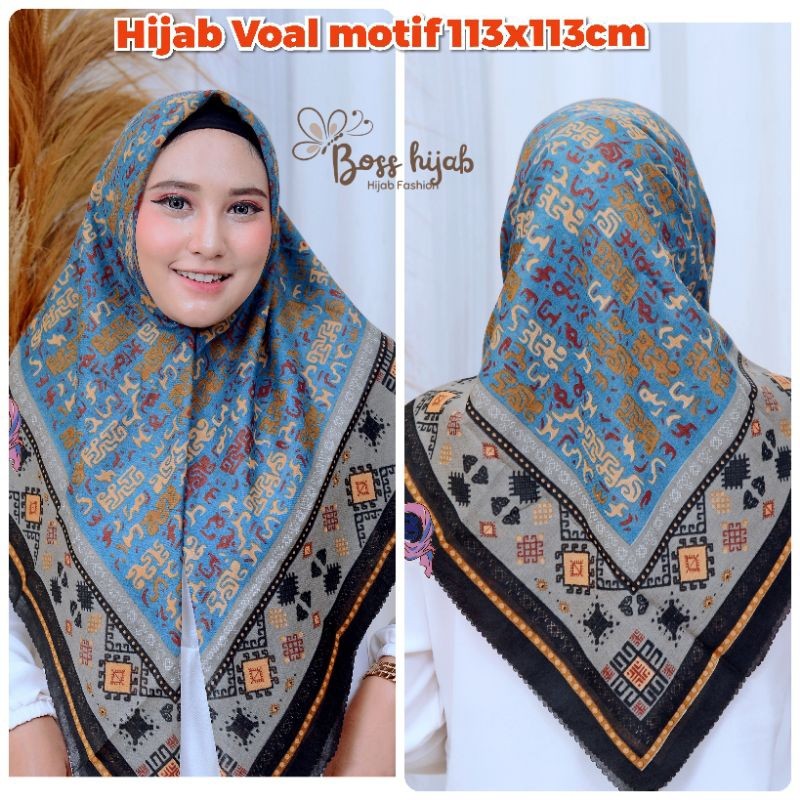 HIJAB SEGI EMPAT VOAL MOTIF KINAY BIRU/ Hijab voal segi empat motif lassercut printing premium/ hija