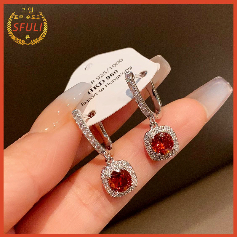 Anting Wanita Cantik Dengan Gesper Telinga Serbaguna Berlian Merah Delima