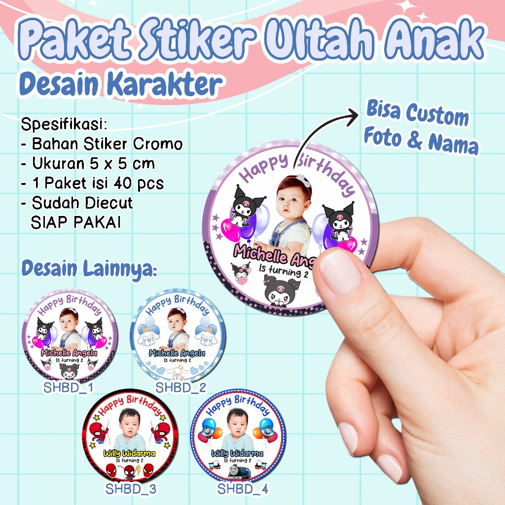 

PAKET STIKER BULAT ULTAH / ULANG TAHUN ANAK - Desain Karakter - Custom FOTO & NAMA - kode SHBD