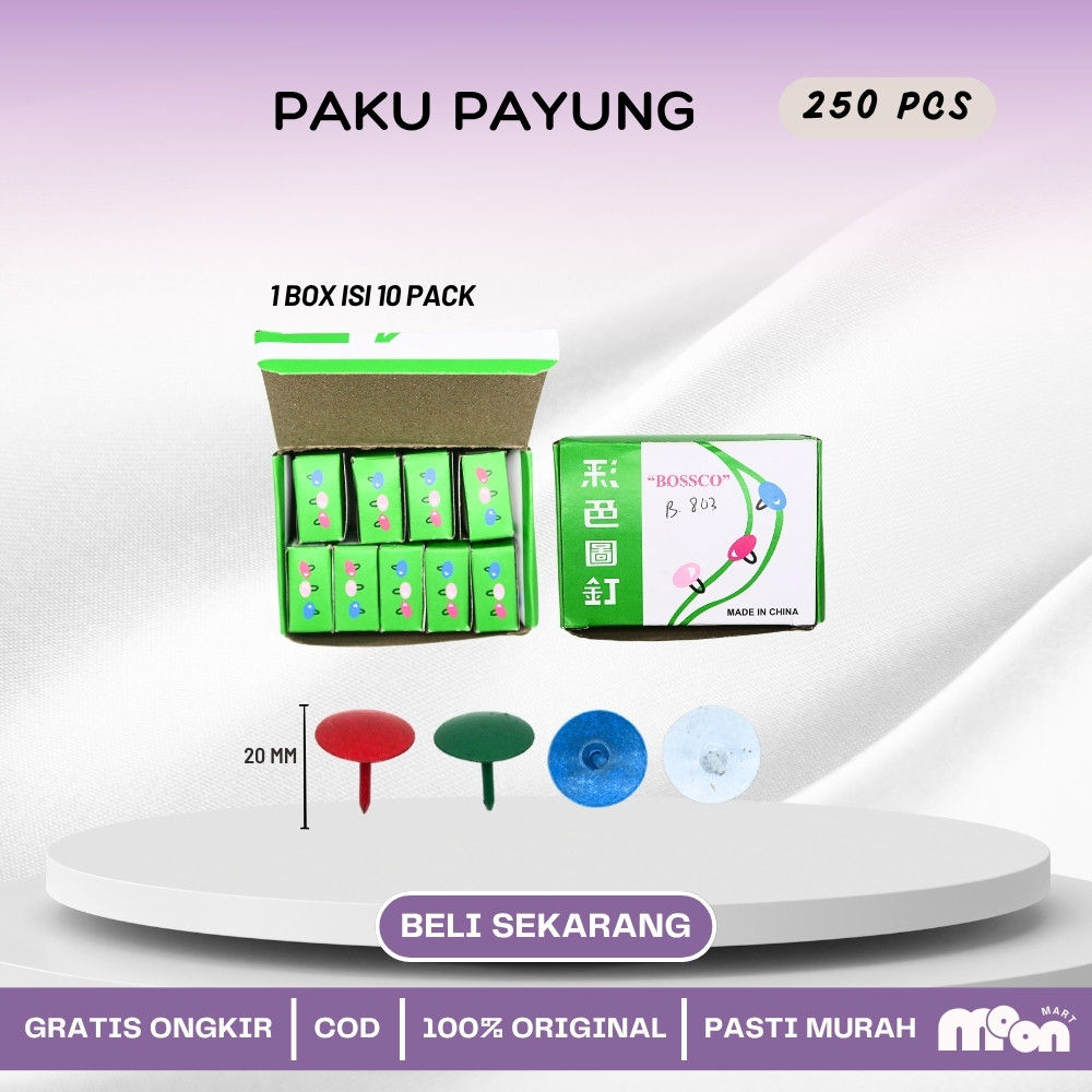 

1 box isi 250 Paku Paku Payung Warna BOSSCO / BOSSCO Color Thumb Tacks / BOSSCO Color Pines