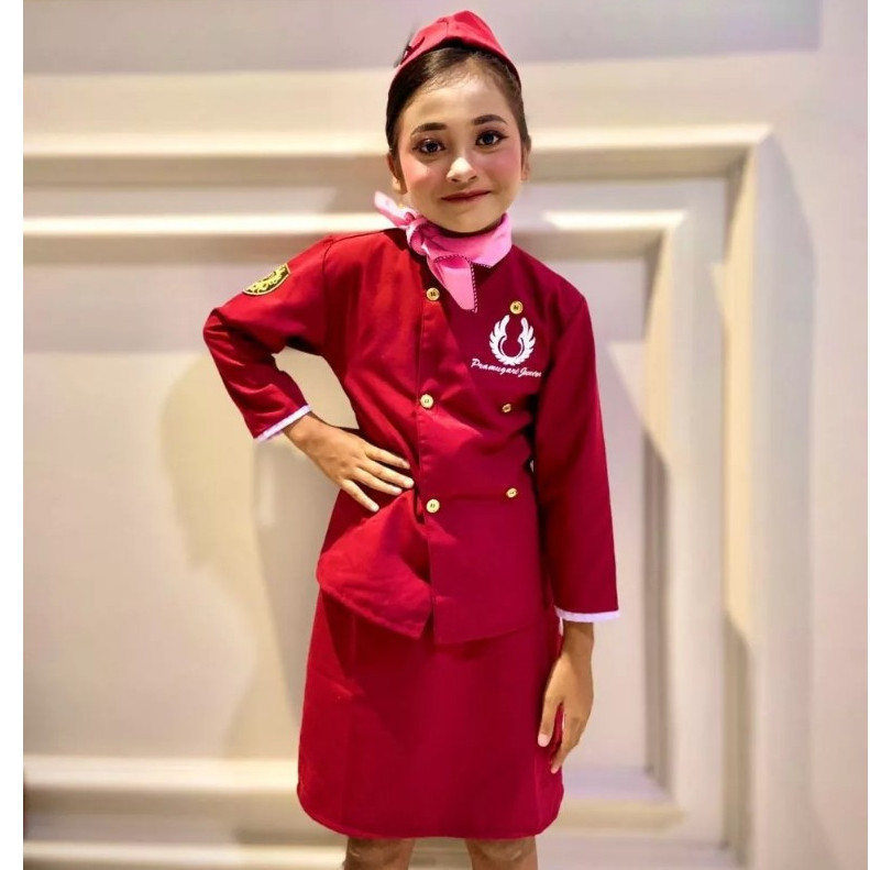 BAJU PROFESI ANAK PRAMUGARI/KOSTUM KARNAVAL PEREMPUAN PRAMUGARI/SETELAN PRAMUGARI LENGKAP PREMIUM ba