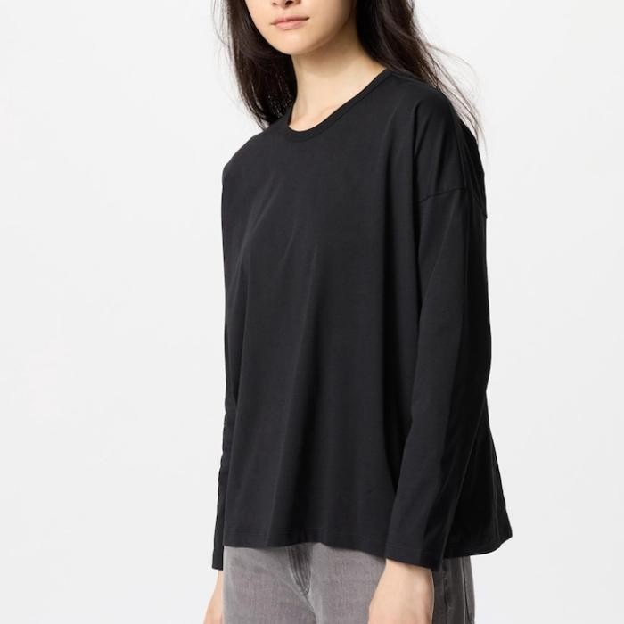 UNIQLO Kaos AIRism Katun Tshirt Lengan Panjang Original Jastip - Black Polos, S