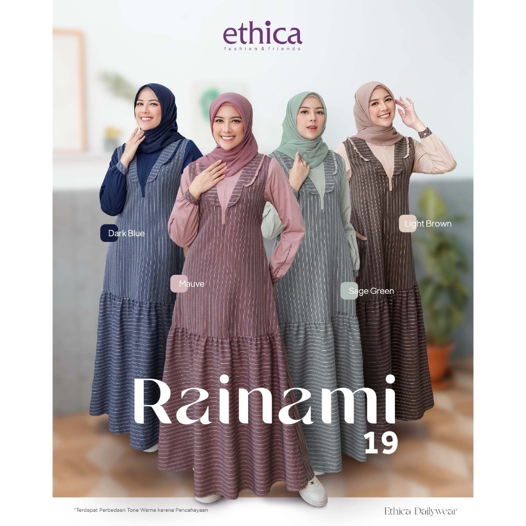 ETHICA Gamis Rainami 19 Dress Linen Motif Salur Simple Kondangan Remaja Modern Kekinian Daily Baju M