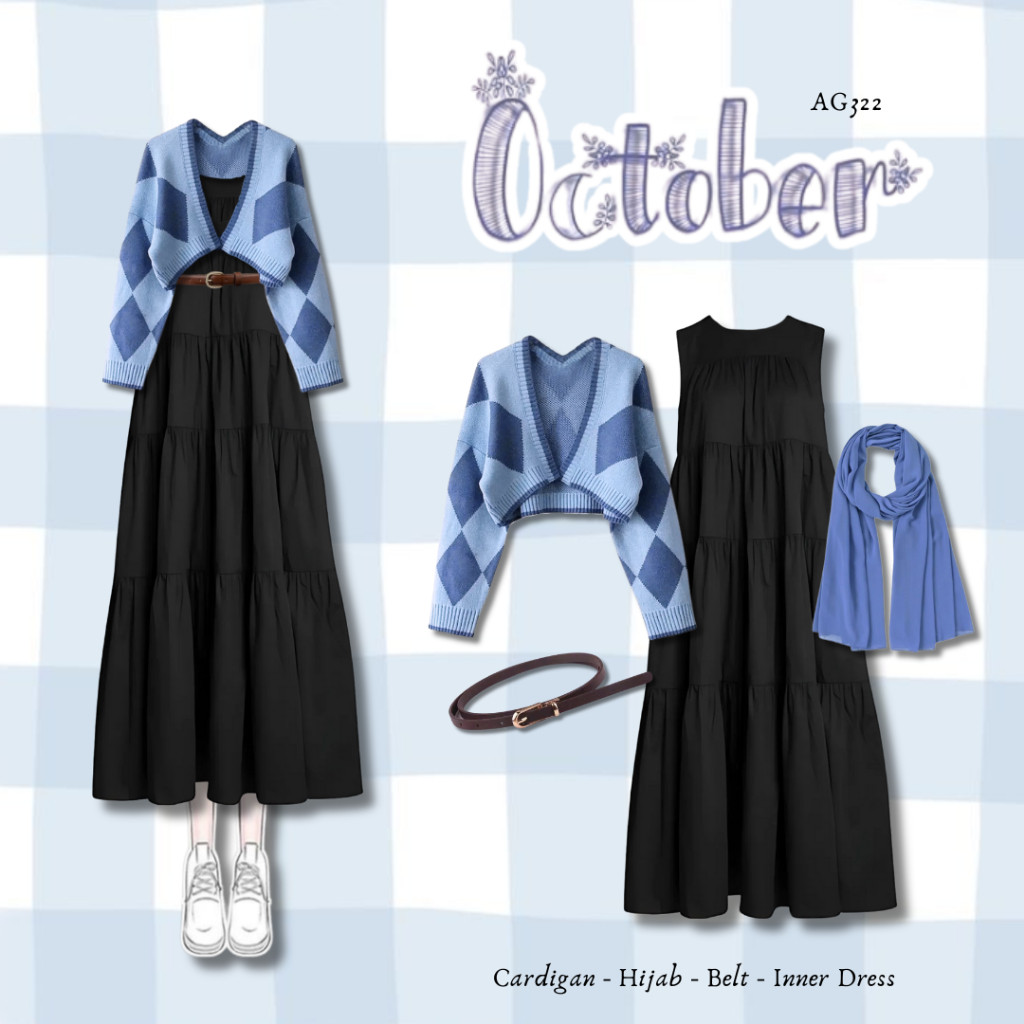 4in1 Outfit Set Korean Style Kekinian | Cardigan + Inner Dress + Belt + Hijab | Douyin Outfit One Se