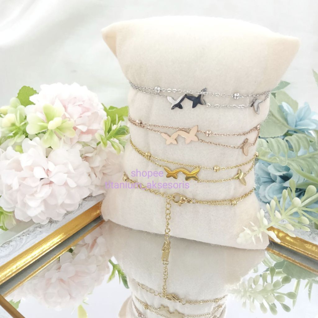 gelang rantai titanium fashion 2 layer kupu kupu kembar gepeng anti karat