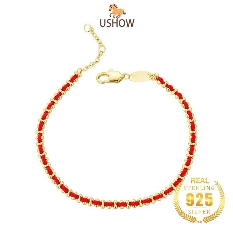 USHOW Gelang Tali Merah Emas 18K Perhiasan Perak 925 Fashion Baru