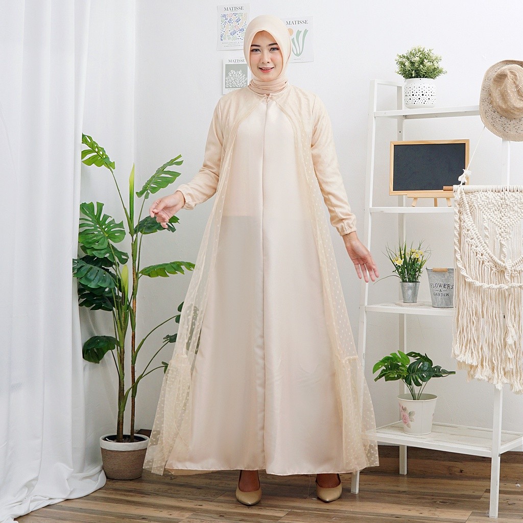 Haliya Tile Dotty Gamis Dress Mosscrepe Mix Tille Dot Maxi Dres Muslim Lebaran Pesta Kondangan Murah