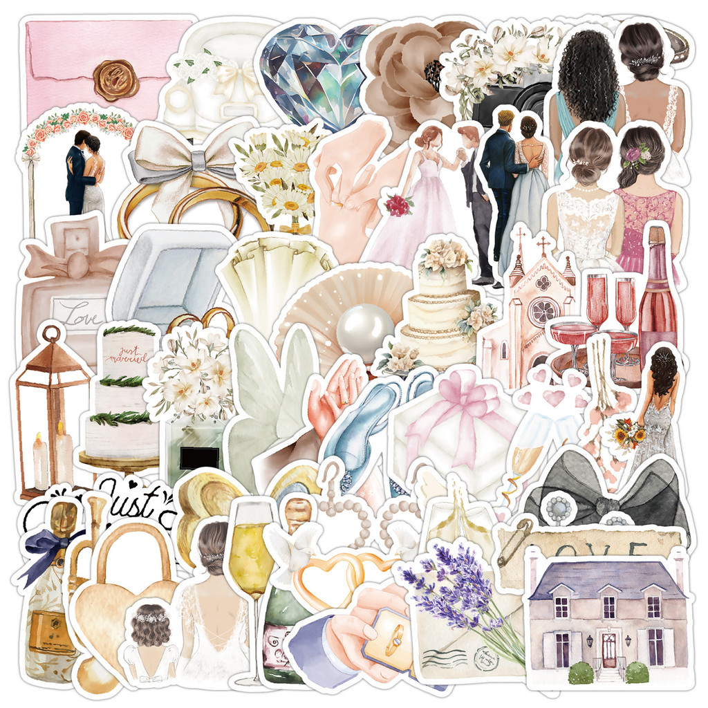 

50Pcs Romantic Watercolor Wedding Series Stickers Suitcase Phone Case Water Bottle Waterproof Decoration Diy Sticker Packs