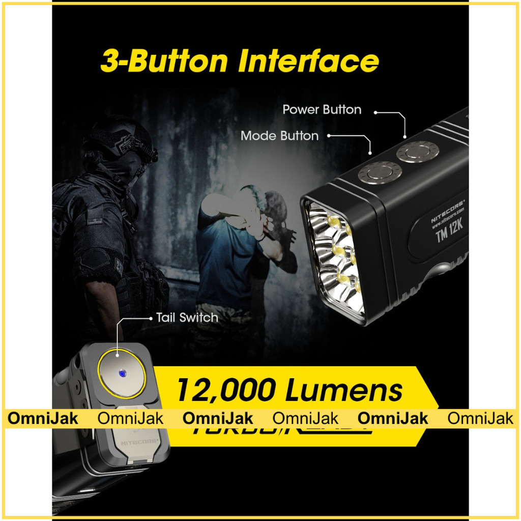 NITECORE Senter LED Flashlight OLED Display Rechargeable 12000 Lumens - TM12K